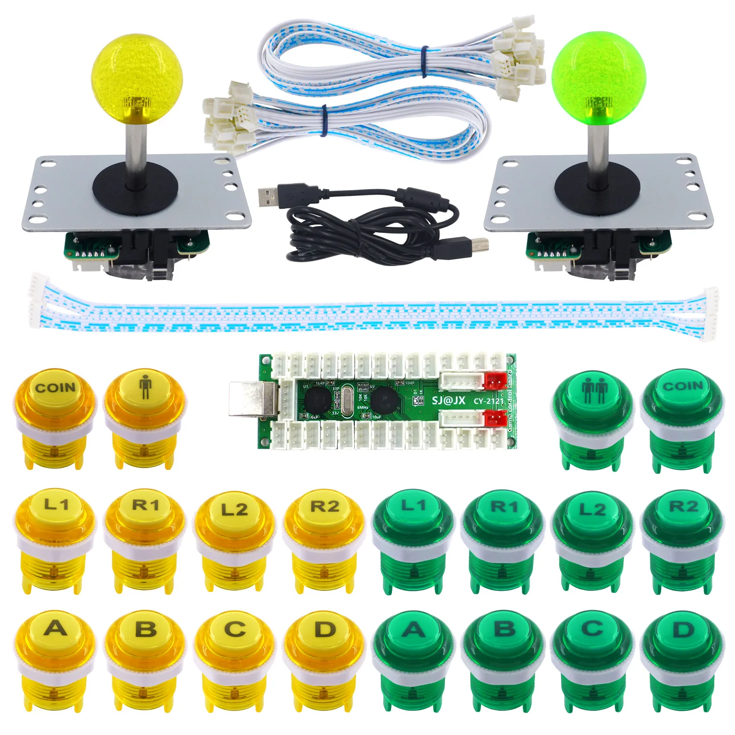 yellow-green SJ@ JX 2 игрока Аркада DIY Kit светодиодный кнопки контроллера 8 джойстик, usb-датчик для ПК MAME в ретро-стиле - Цвет: yellow-green
