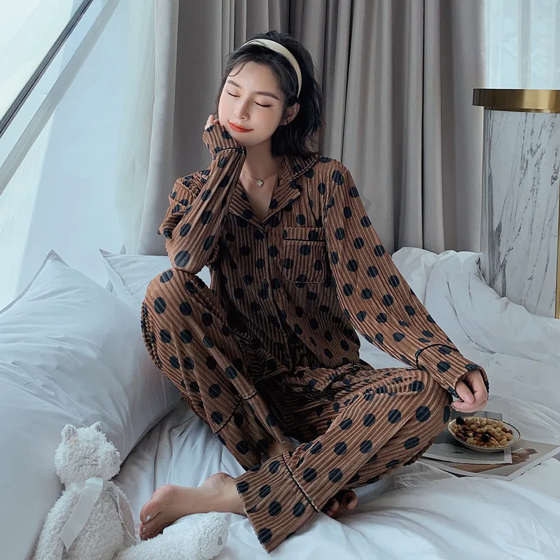 Осень 2019 женские пижамы с длинным рукавом узор в горошек два предмета домашняя