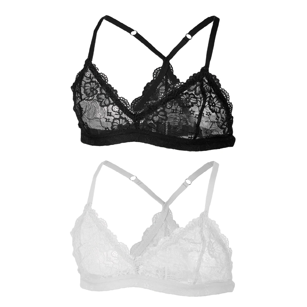 2Pcs Mens Sissy Lingerie Bralette Adjustable Shoulder Strap Lace Bra White+Black
