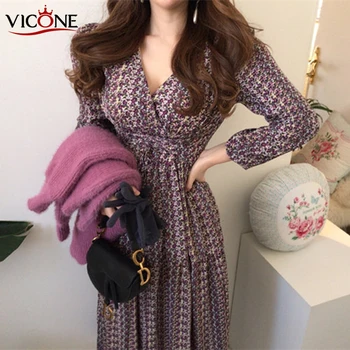 

VICONE Spring Korean Style Women Dress Elegant Ladies Vintage Dress Boho Floral Office Long Sleeve Vestidos Clothing