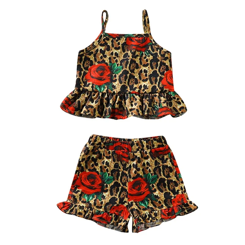 

New Baby Girls Clothes Sleeveless Fashion Leopard Print Floral T-shirt Tops+Ruffle Pants Shorts Kids Clothes Outfit Set