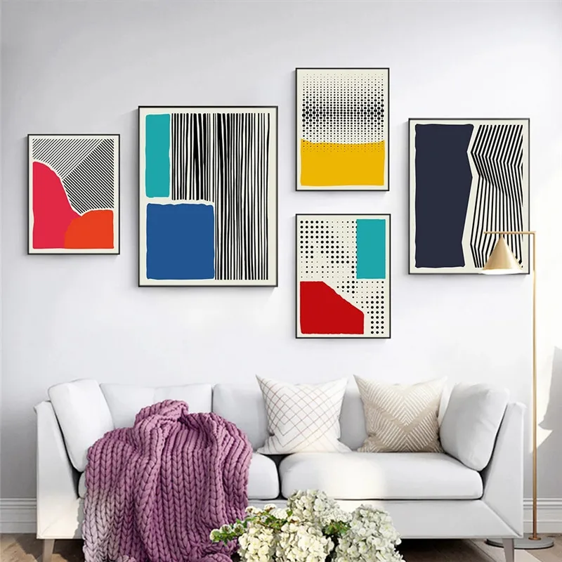 

Nordic retro line poster abstract canvas painting mural for living room home decoration print red and yellow stripes picture