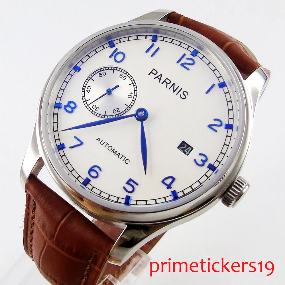 

Fashion 43mm PARNIS white dial date indicator automatic mn's watch brown leather strap