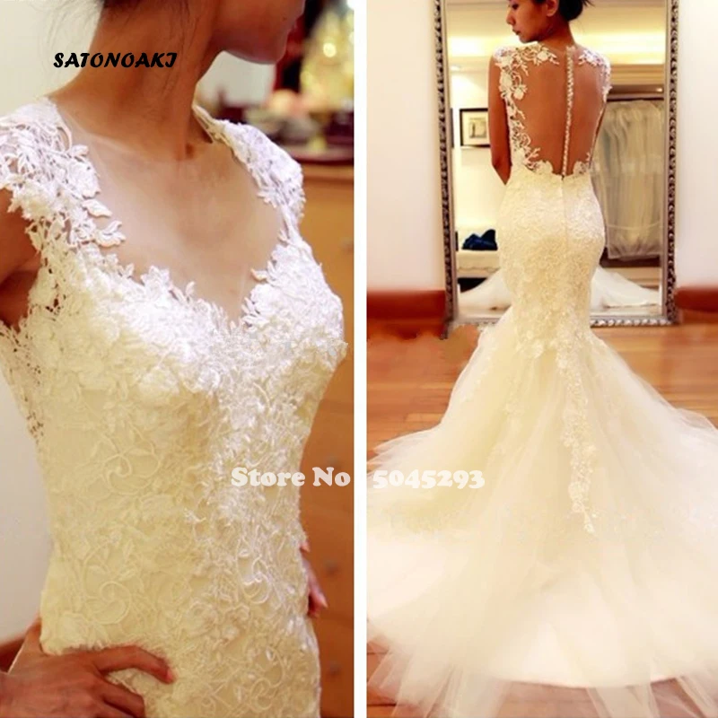 SATONOAKI Robe De Mariage прозрачные кружевные свадебные платья русалки с открытой спиной модное свадебное платье длиной до пола со шлейфом размера плюс