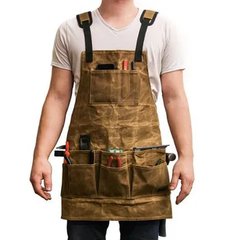 

Canvas Apron with Tool Pockets Cross-Back Straps & Adjustable Storage Apron With Genuine Leather Adult Bib Heavy Duty