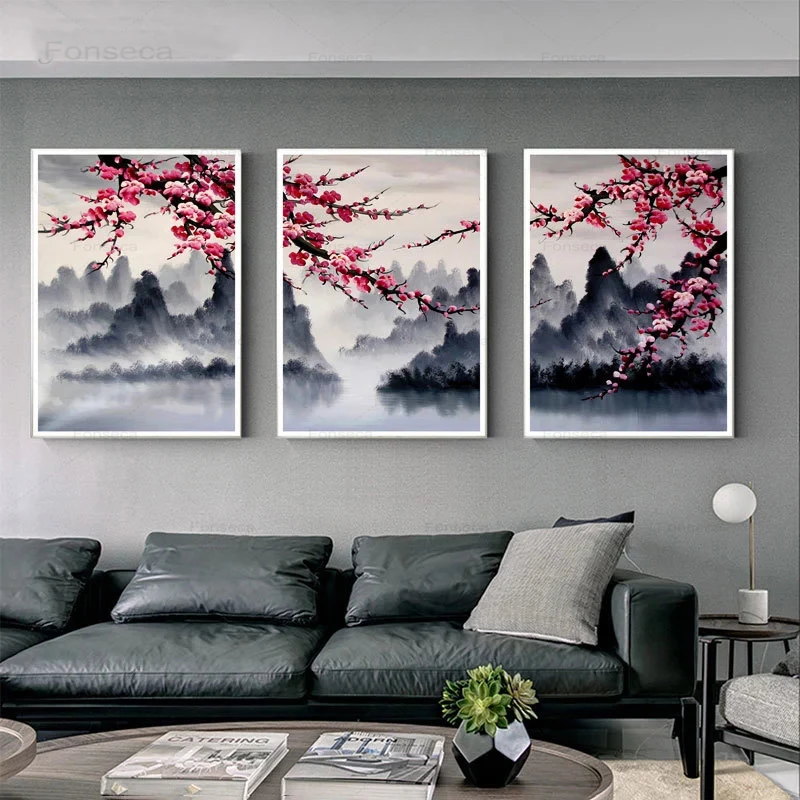 Modern Flower Wall Pictures for Living Room Red Plum Blossom Canvas Printings Chinese Style Art Poster Home Decoration | Дом и сад