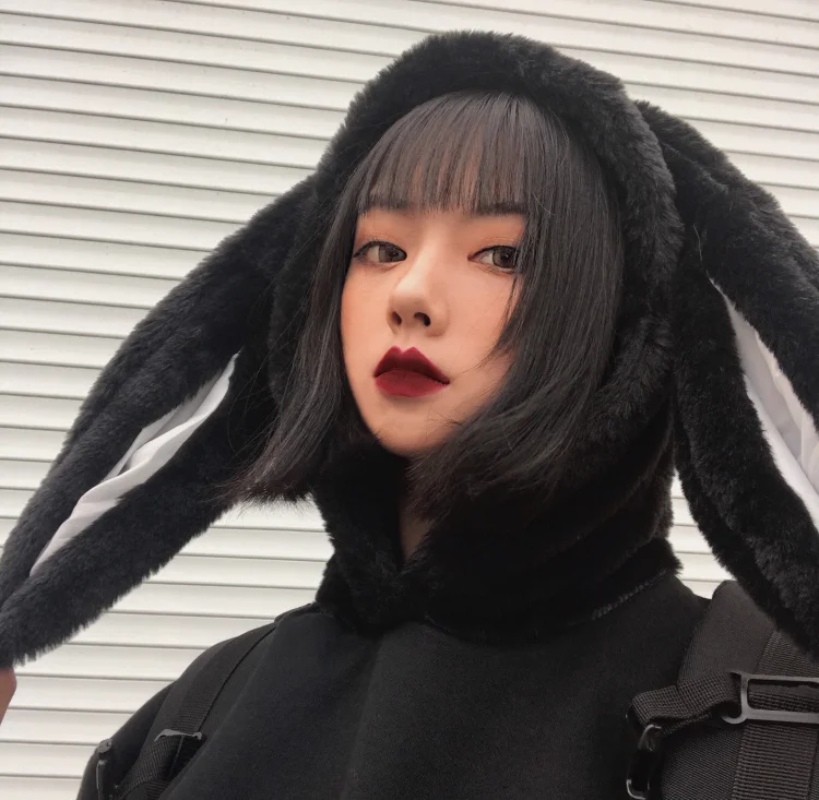Harajuku, милые пушистые пуловеры с капюшоном и ушками кролика, женские, с длинным рукавом, флисовая внутренняя черная Повседневная Толстовка, зимние толстовки, топы
