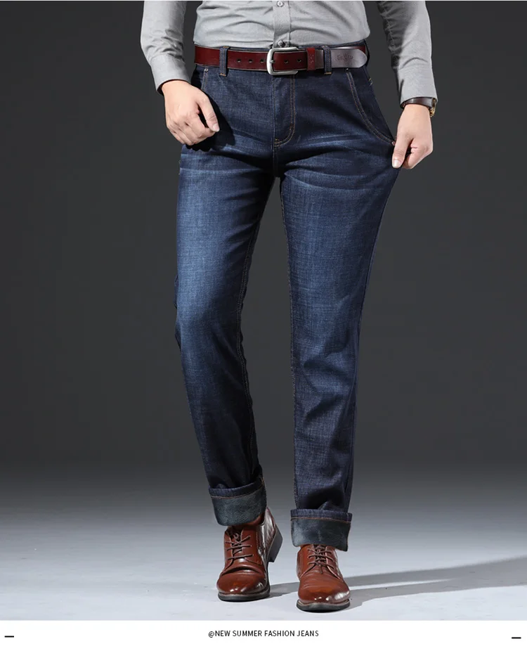 DAISHU Winter Warm Fleece Men's Jeans Thick Denim Jeans Straight Fit Trousers Cotton Velvet Pants men Large size 40 42 44