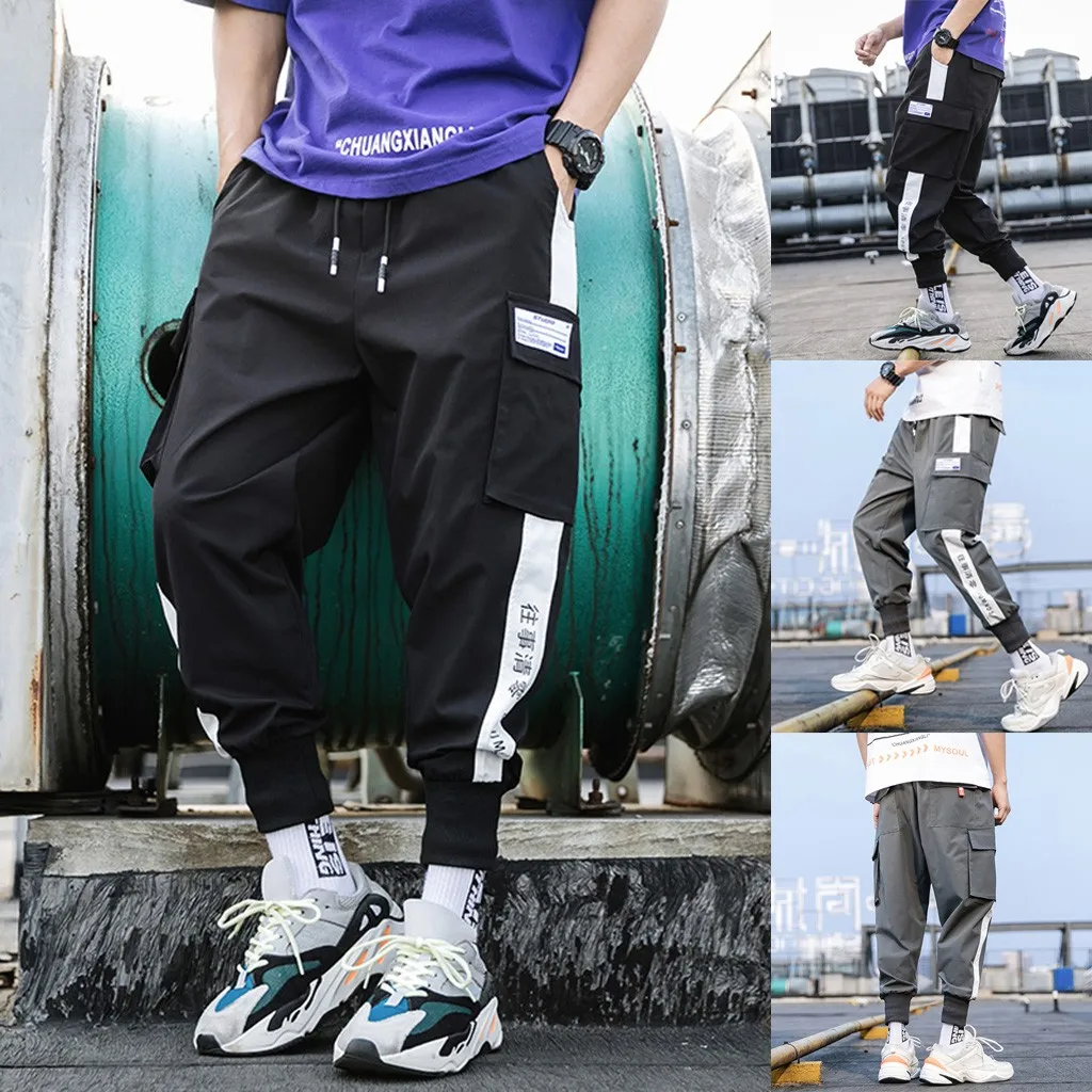 Карманные брюки карго Модные мужские новые стильные брюки на шнурке мужские лоскутные удобные брюки L0827