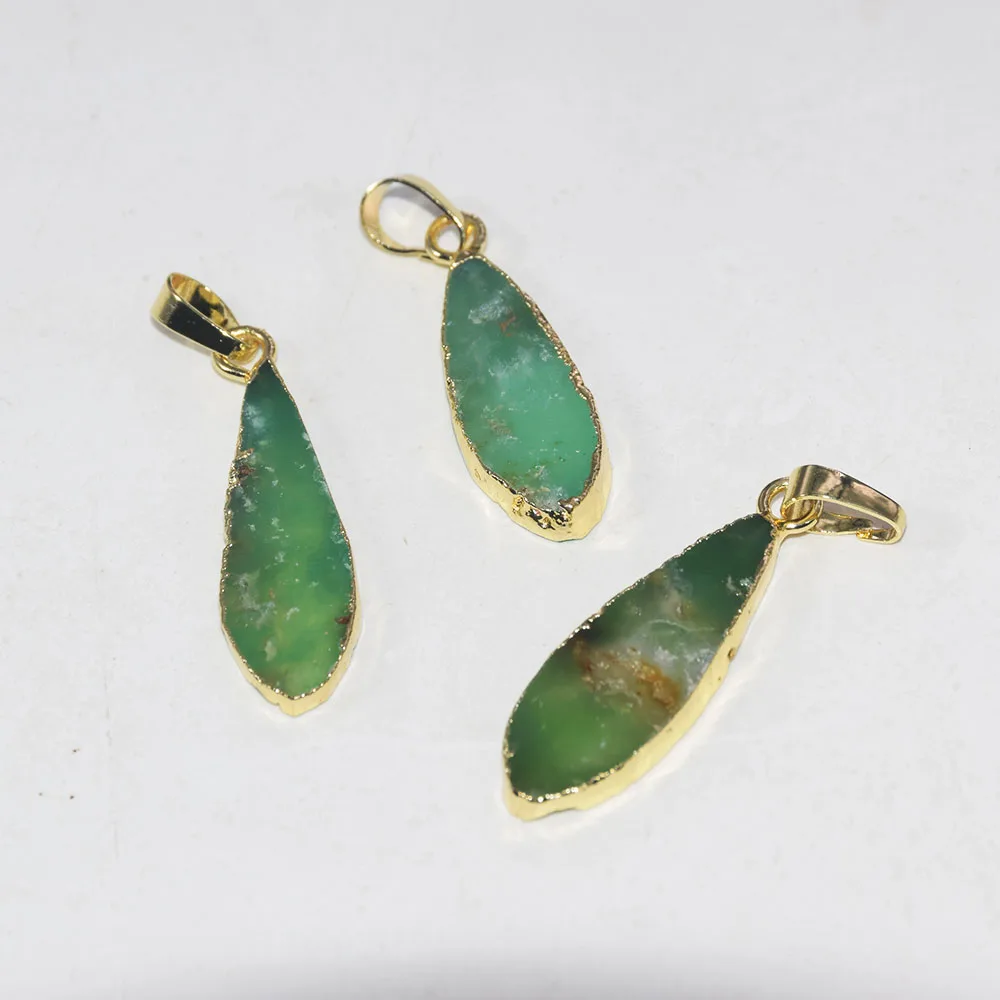 

Natural Jewelry Slice Long Raw Green Chrysoprase Gold Point Pendant female 2020 stone water drop pendant for women accessories