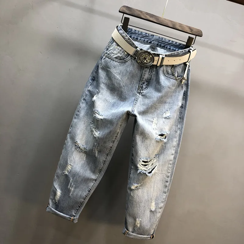 European Ripped Jeans Women 2020 Summer Jeans Woman New Harem Pants Ins Irregular Hole Stickers Loose Hot Drill Jean Pants Girls