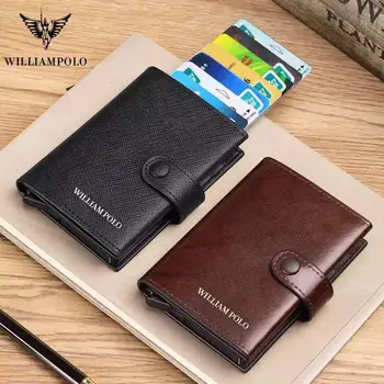 

Rfid Wallet Card wallet Men 100% Genuine Leather Small Button Pocket Male Short Purse Card Case Thin 2019 fashion
