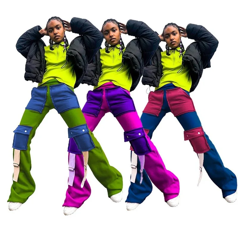 

Cargo Pant Women Fashion Streetwear Color Block Patchwork High Waist Jogger Sweatpant Casual Pockets Bell Bottom Trouser Capris