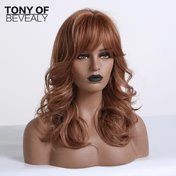 

Long Brown Wavy Synthetic Wigs for African American Women Wigs with Bangs Heat Resistant Cosplay Daily Natural Hair Wigs
