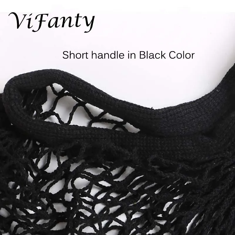 Black-Short handle Сетчатая Сумка для покупок, хлопковый рынок, многоразовая сетчатая хозяйственная сумка с длинными ручками, моющаяся сетка для фруктов и овощей - Цвет: Black-Short handle