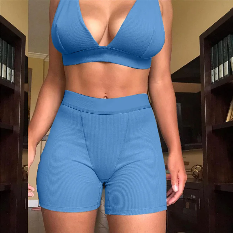 2PCS/Set Sexy Women Sleeveless Strap Bra Bustiers Tank Vest Crop Tops High Waist Shorts Pants Trousers Tracksuit Summer 2021 plus size formal pant suits