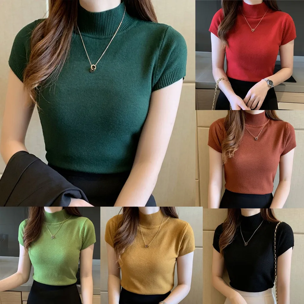 Suéter de cuello alto para mujer, jersey tejido a la moda de manga corta con cuello redondo, jerséis elásticos informales de Color sólido para mujer