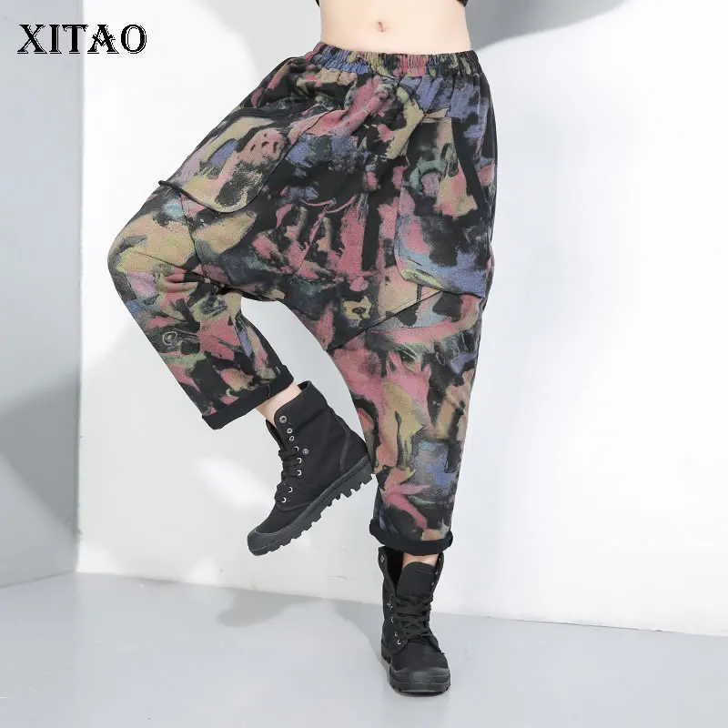 XITAO Tide/фирменные шаровары с карманами с принтом, женская одежда, большие размеры, брюки с эластичной резинкой на талии, длина по щиколотку, WLD2481