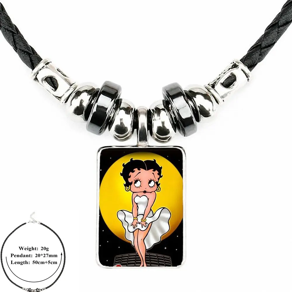 EJ Glaze Великолепная Betty Boop лучшая для женщин Детская бижутерия со стеклянными кабошонами черная кожаная подвеска-бусы ожерелье - Окраска металла: as picture