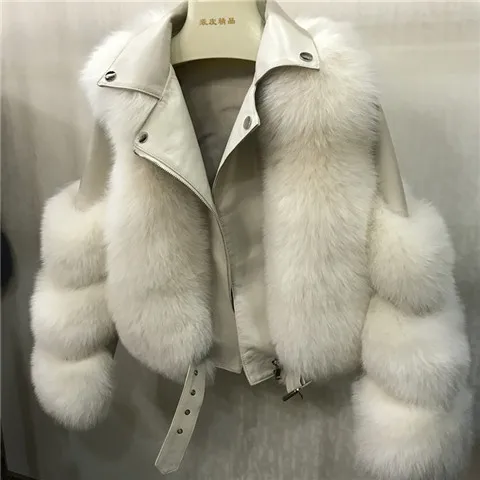 Ivory white Новая натуральная кожаная куртка из овчины с натуральным лисьим мехом, женская Европейская теплая шуба из натурального меха для женщин - Цвет: Ivory white