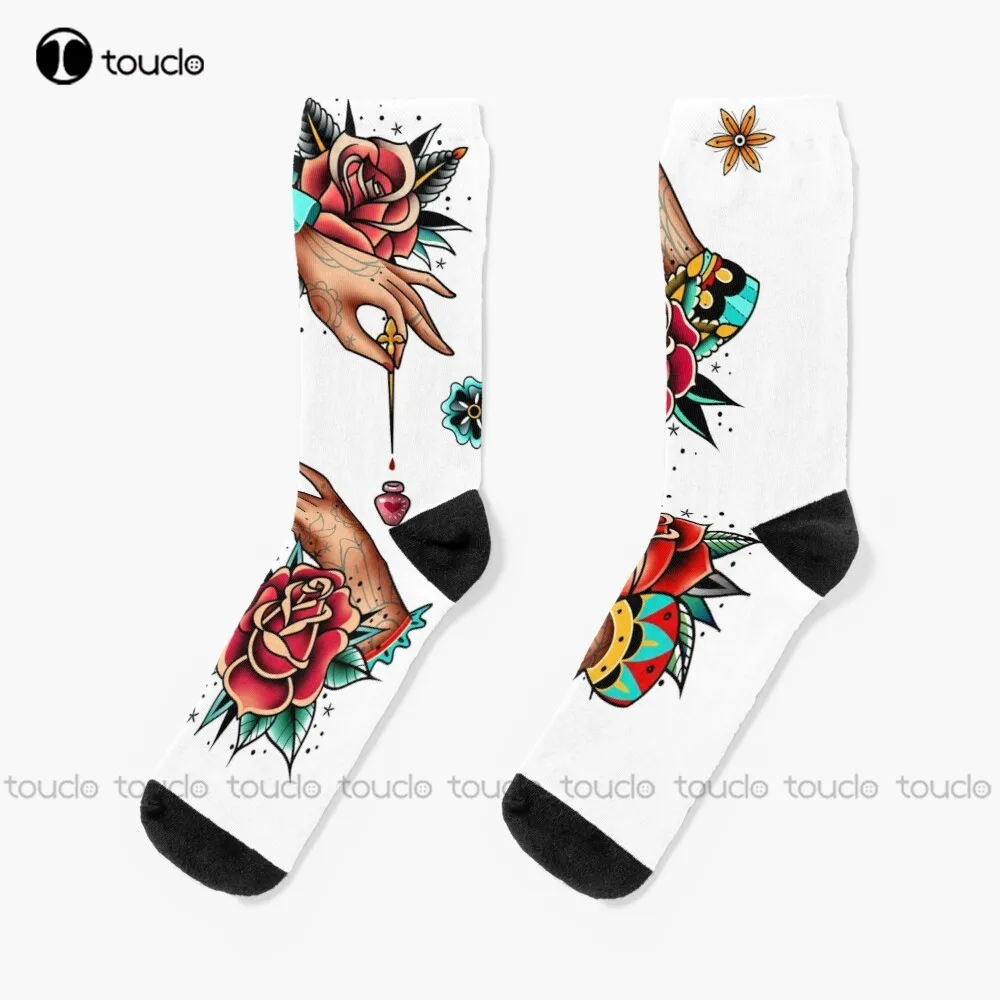 Old School Images Of Tattooed Hands And Roses Socks Softball Socks Women Christmas Gift Unisex Adult Teen Youth Custom | Женская одежда