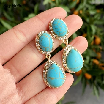 

SAY HELLO Vintage Ethnic Natural Turquoises Dangle Earrings Crystal Inlaid Alloy Geometric Earrings Ladies Jewelry K2560