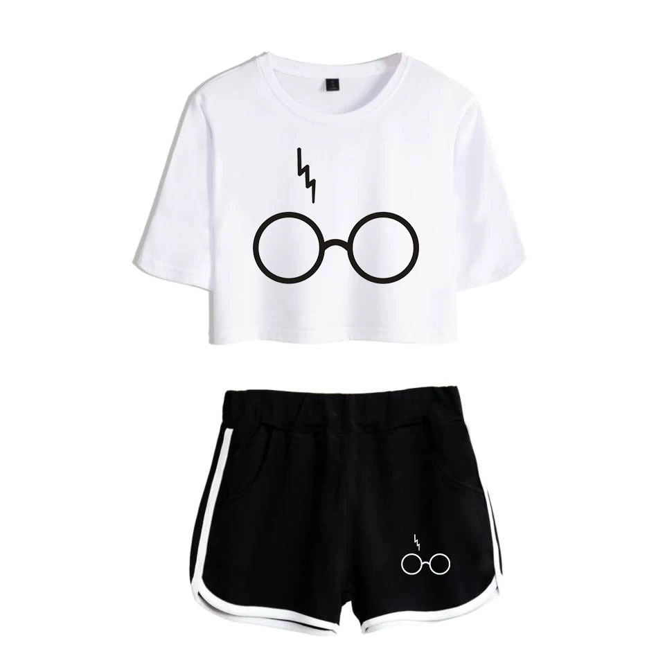 two piece sets HARRYS Glasses Printed Two Piece Set Short Sleeve Crop Top + Shorts Sweat Suits Women Tracksuit Two Piece Outfits Girl Sets ladies loungewear