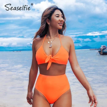 

SEASELFIE Sexy Neon Orange Halter High-Waisted Bikini Sets Bow-knot Two Pieces Swimwear Women 2020 Beach Bathing Suits Biquinis