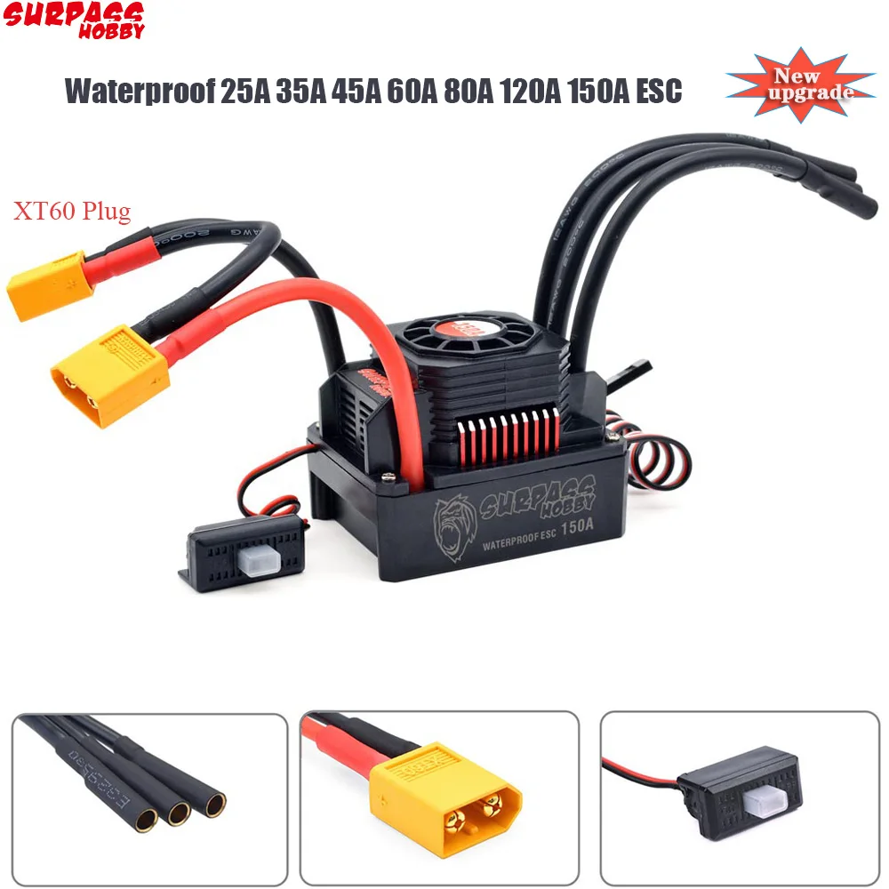 

RC ESC Waterproof Brushless 25A 35A 45A 60A 80A 120A 150A ESC Senseless Speed Controller XT60 Plug for 1/8 1/10 1/12 1/20 RC Car