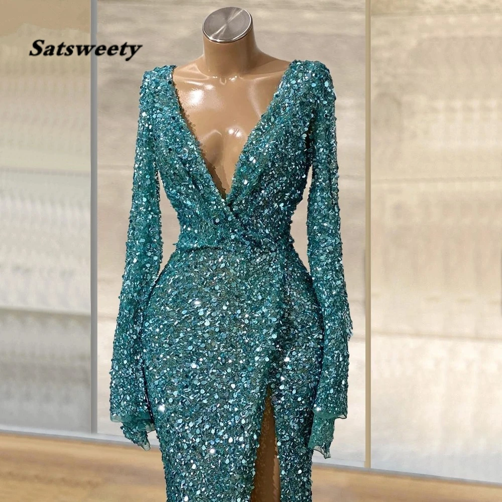 Blue Glitter Sequins Mermaid Evening Dresses Long Sleeves Sexy Deep V Neck Front Slit Party Night Vestidos De Noite Prom Gowns petite formal dresses