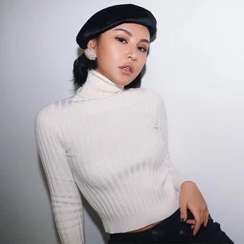 

2019 new fashion casual women's clothing Autumn high collar sweater female lapel short tight tight long sleeve knit