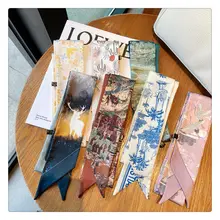 Fashion Printing Chinoiserie Oil Painting Scarf Narrow Strip Arm Bag Ribbon Belt Female Scarf Silk Scarf