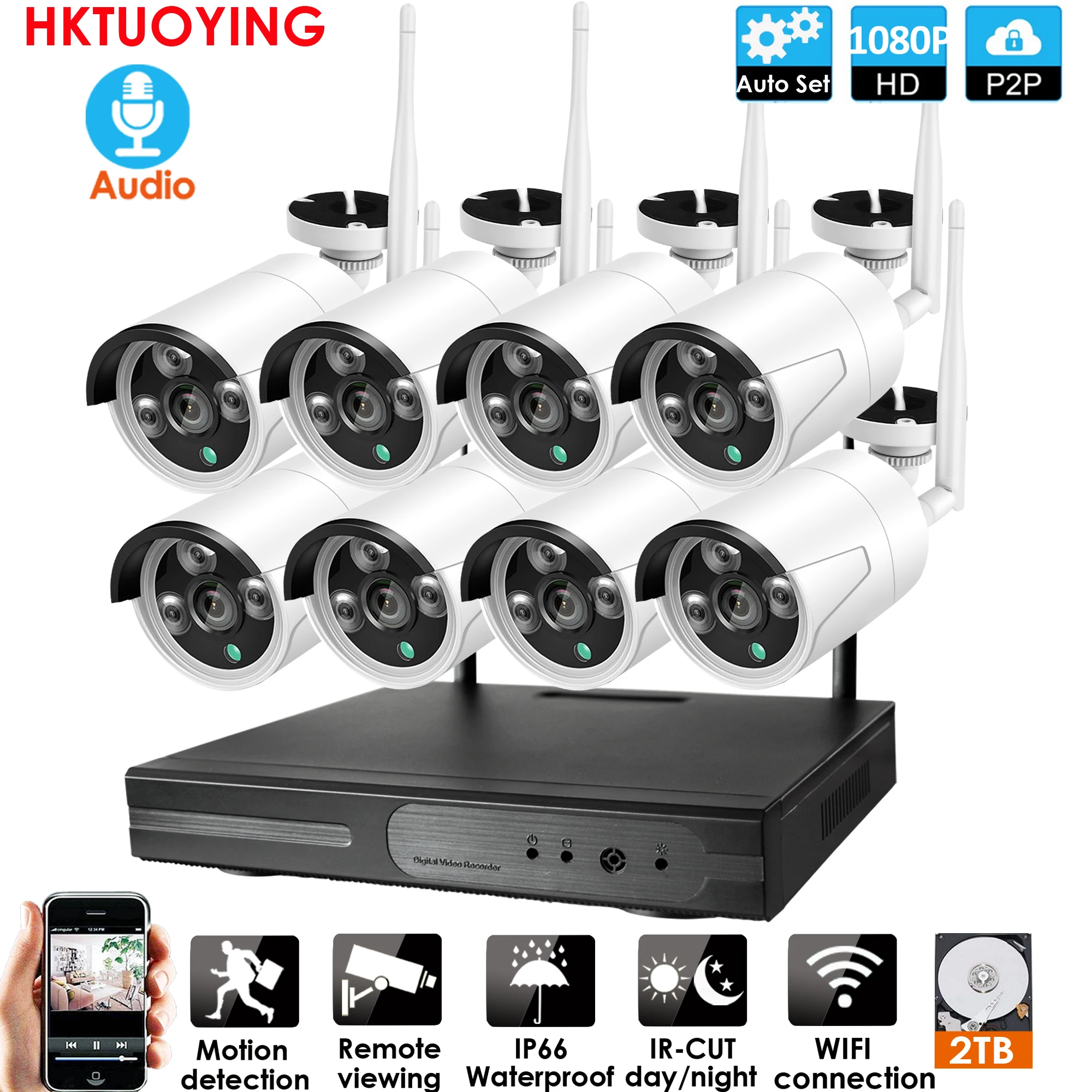  8ch 1080P HD Audio Wireless NVR Kit P2P 1080P Indoor Outdoor IR di Sicurezza di Visione Notturna FO