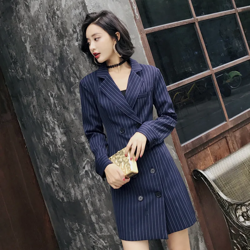 

WOMEN'S Dress 2019 Autumn New Style Commuting Elegant Striped Suit Double Breasted Mid-length Slim Fit Coat Women's
