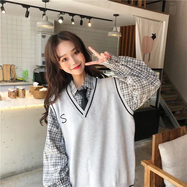 Зимние топы без рукавов для женщин корейский консервативный стиль винтажная вышивка v-образный вырез вязаный свитер жилет черный серый кофейный T358