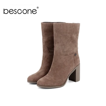 

BESCONE Solid Boots High Quality Kid Suede Comfortable Round Toe Square Heel Fashion Handmade Shoes Women's New Boots C269