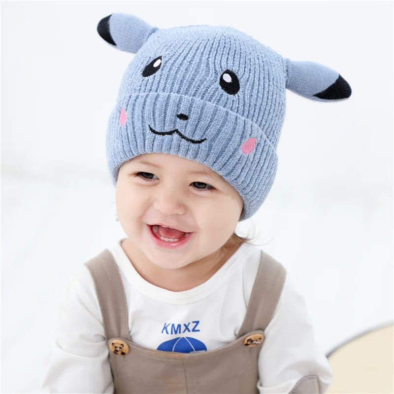 Вязаная Зимняя шапочка для детей 1-5 лет, Шапочка-бини с мультяшным рисунком, одноцветная шапка унисекс