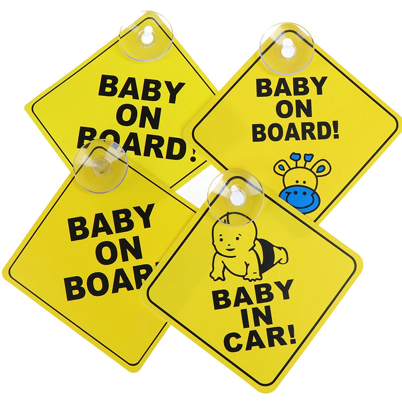 TWO Yellow Reflective Baby OnBoard SAFETY Car Window Suction Cup 6x6Warning Sign 