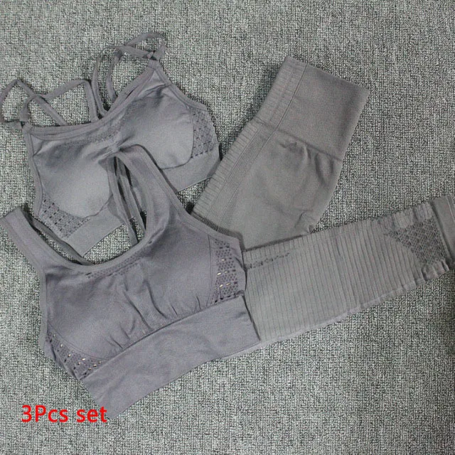 Gray 2pcs set 3 шт Женский бесшовный Набор для йоги одежда для фитнеса спортивная одежда мягкий пуш-ап спортивный бюстгальтер+ леггинсы с высокой талией спортивный костюм - Цвет: Gray 2pcs set