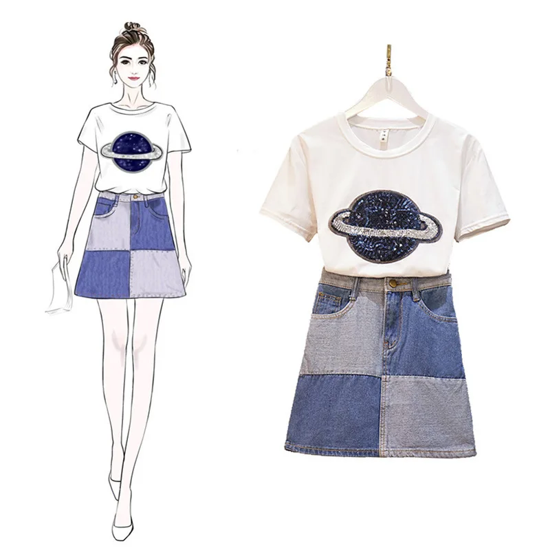 

2019 Summer New Style Versatile Slimming Earth Sequin T-shirt Mixed Colors Denim Skirt Two-Piece Set Fashion