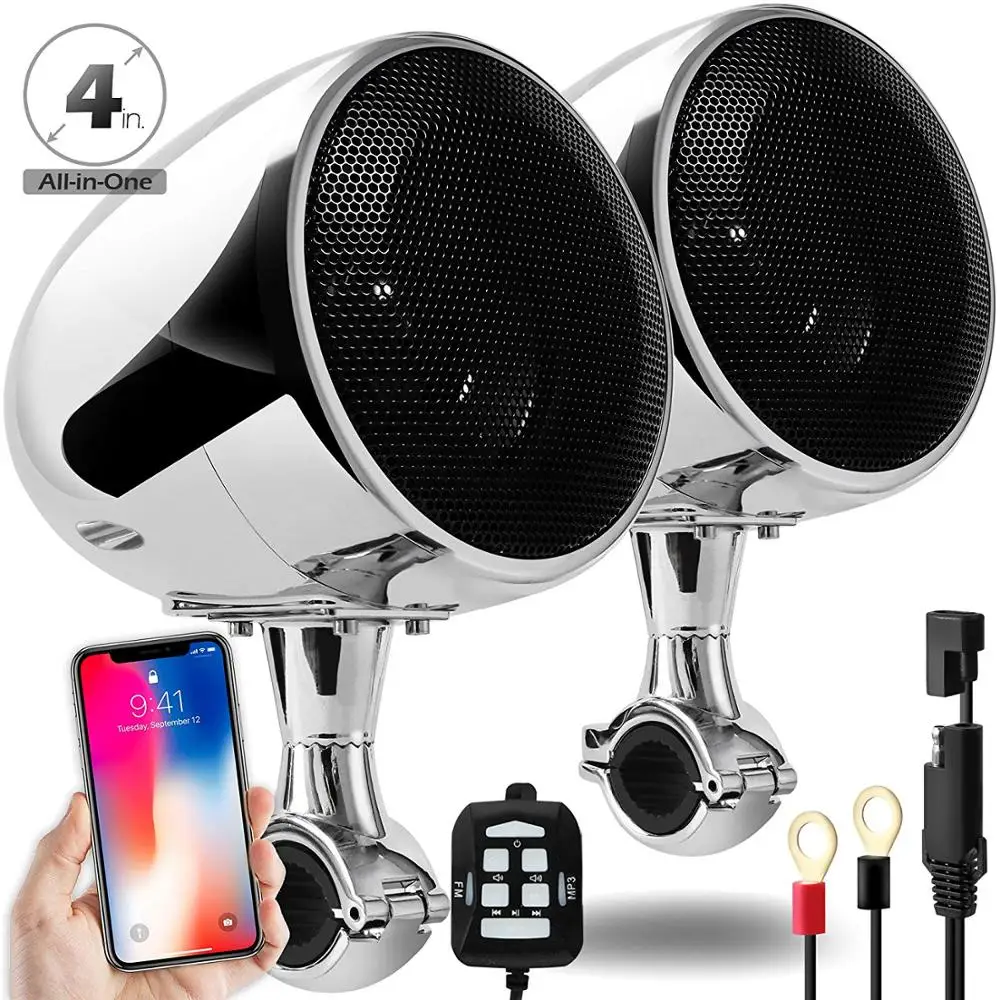 Skup Aileap SPK350 High Performance 4 Cal wodoodporny motocykl ATV głośnik Bluetooth z wbudowanym wzmacniaczem klasy D 300W (chrom)