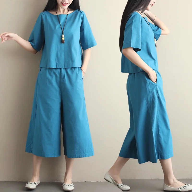 

Photo Shoot 2019 Summer New Products Cotton Linen Large Size Loose-Fit Literature And Art Solid Color Loose Pants Short Sleeve T