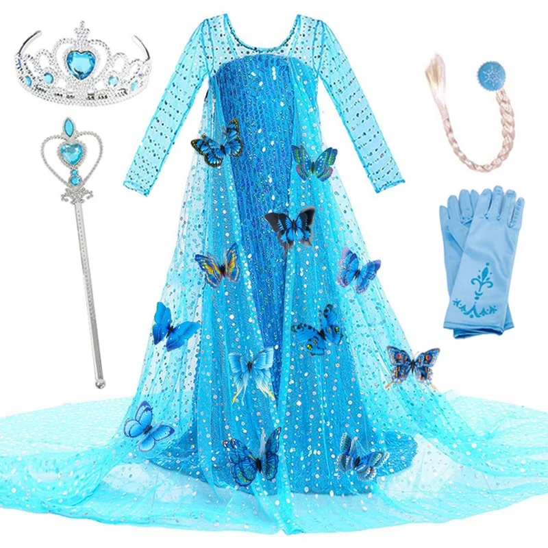 

Girls Elsa Elza Princess Dress Kids Sequined Long Gown with Cloak Children Snow Queen Christmas Birthday Party Cosplay Dress