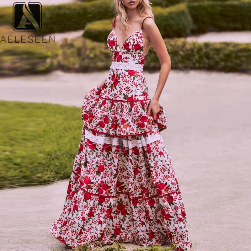 

AELESEEN Bohemian Summer Dress Women Runway Fashion Spaghetti Strap Lace Patchwork Flower Embroidery Ruffles Sexy Backless Dress