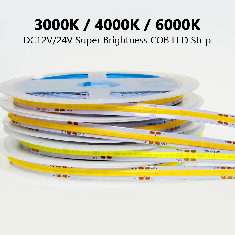 FCOB LED Strip Light 320 LEDs High Density Flexible FOB COB Led Lights RA90 Warm Nature Cool White Linear Dimmable DC12V 24V fcob led light strip pixel addressable 630 720 leds rgb dream full color 12mm dc12v 24v ws2812b high density flexible cob lights