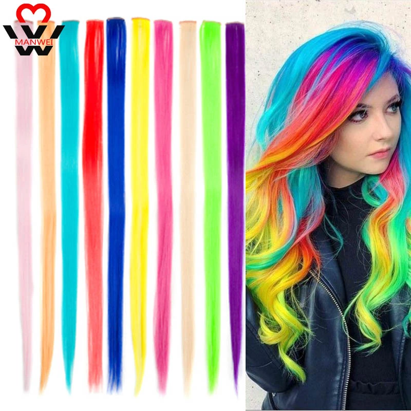 Manwei ロングストレートカラー毛延長ハイライト虹髪ストリークピンク人工毛ストランドにクリップ Synthetic Clip In Extensions Aliexpress