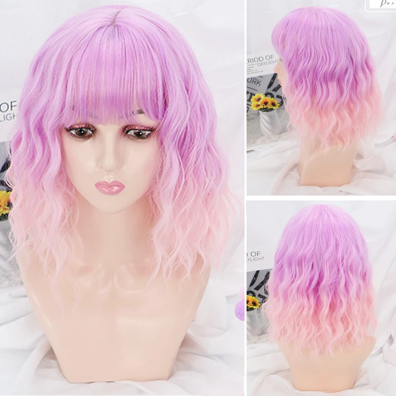 

DIFEI 12 Inch Short Bob Wigs For Women Synthetic Ombre Pink Purple Wavy Wig With Bangs Cosplay Wig For Girl Daily Wear Hair