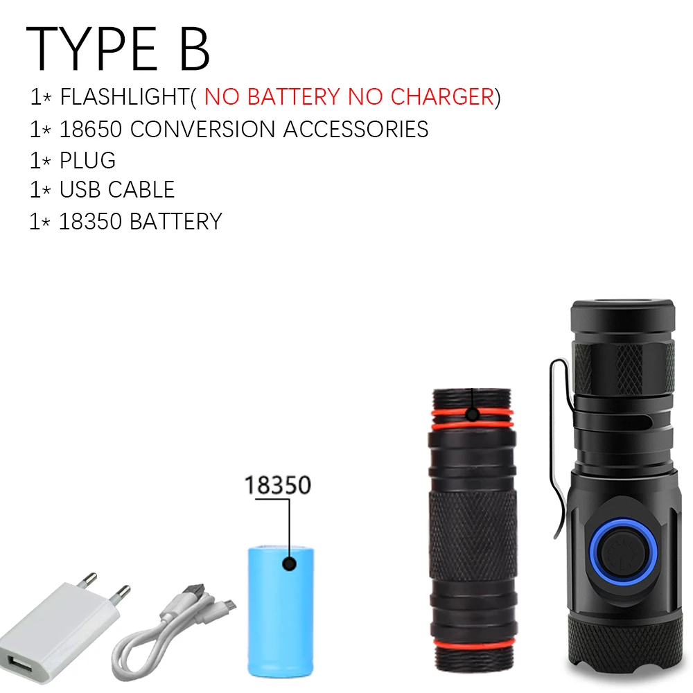 8000 Люмен 4* CREE L2 светодиодный фонарик самый мощный фонарь Мини фонарик usb Тактический водонепроницаемый перезаряжаемый 18350/18650 аккумулятор - Испускаемый цвет: Package B-Black