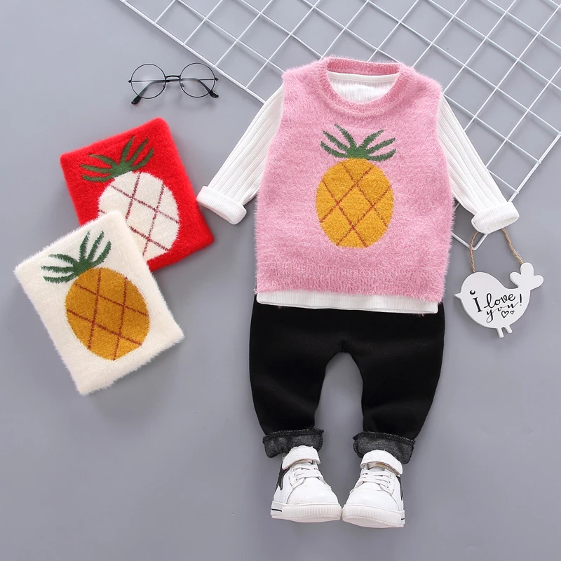 

DIIMUU Autumn Baby Girls Clothes Kids Sweaters Vest Suit 3PC Toddler Casual Outfit 1 2 3 4 Years Children Warm Clothing Set
