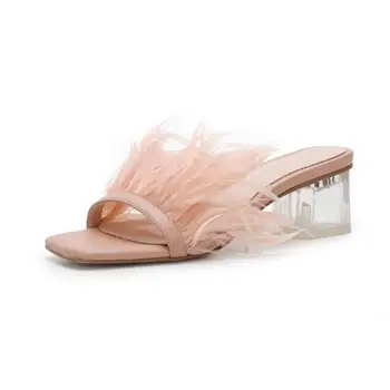 

kmeioo 2020 fashion feather sandals med heels open toe chunky heels outside slippers slip-on slides woman dress shoes